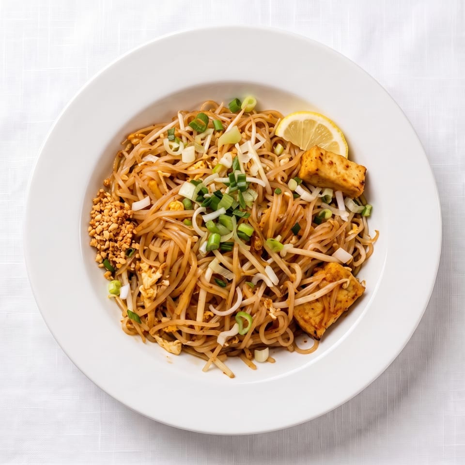 Pad Thai noodles with tofu, bean sprouts, green onions, peanuts, and a lemon wedge in a white bowl.