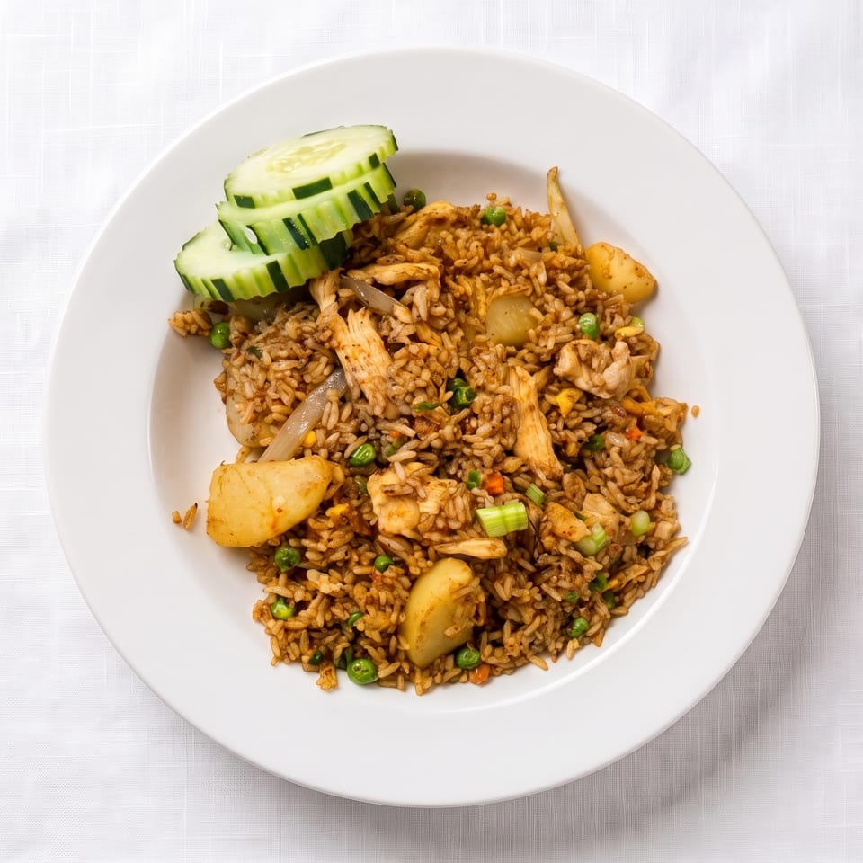 Plate of spiced chicken fried rice with potatoes, peas, carrots, and cucumber slices.