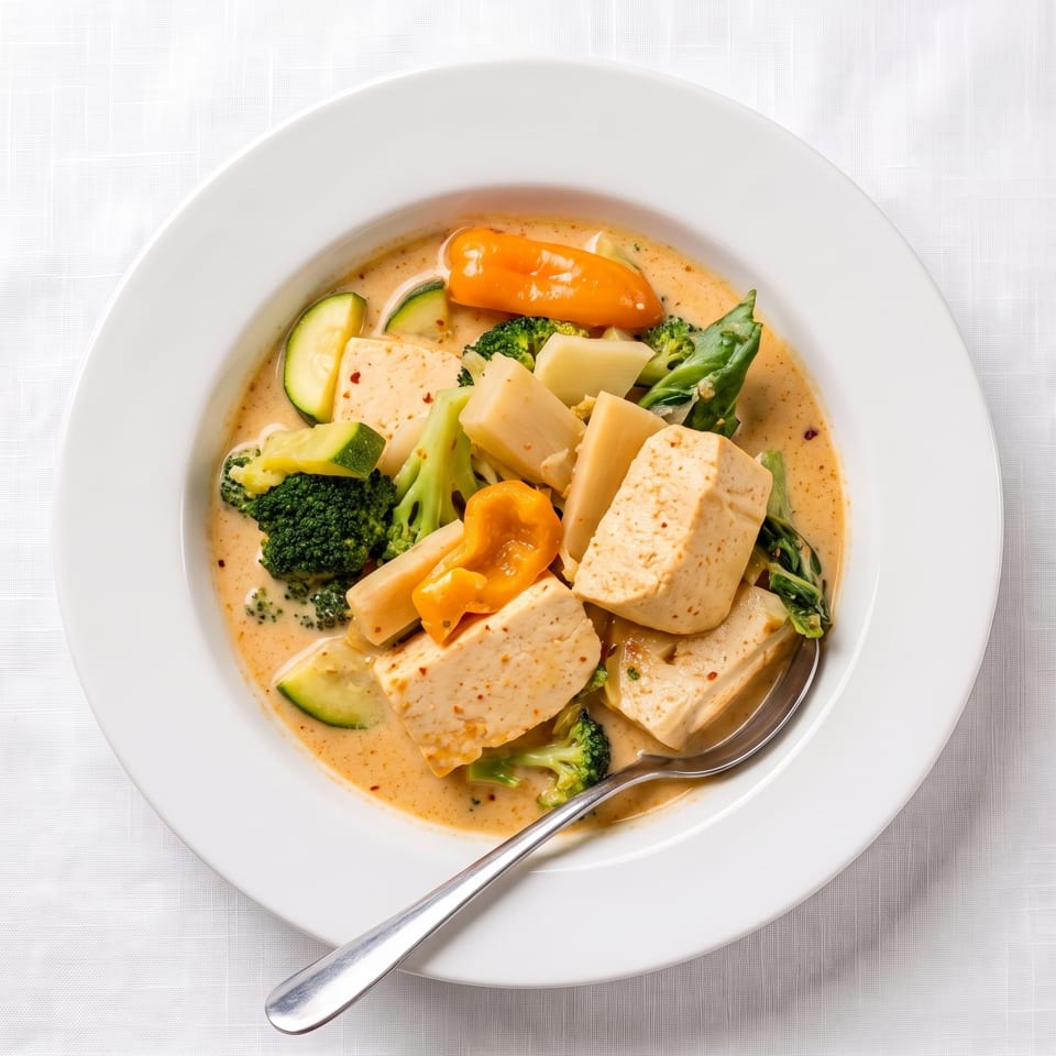 Tofu curry with broccoli, zucchini, peppers, and bamboo shoots in a white bowl with a spoon.